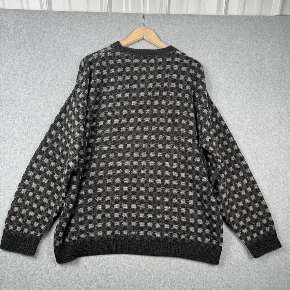 VTG TLC by Lambert Sweater Mens XL Gray Checkerboard Textured Knit USA Grandpa